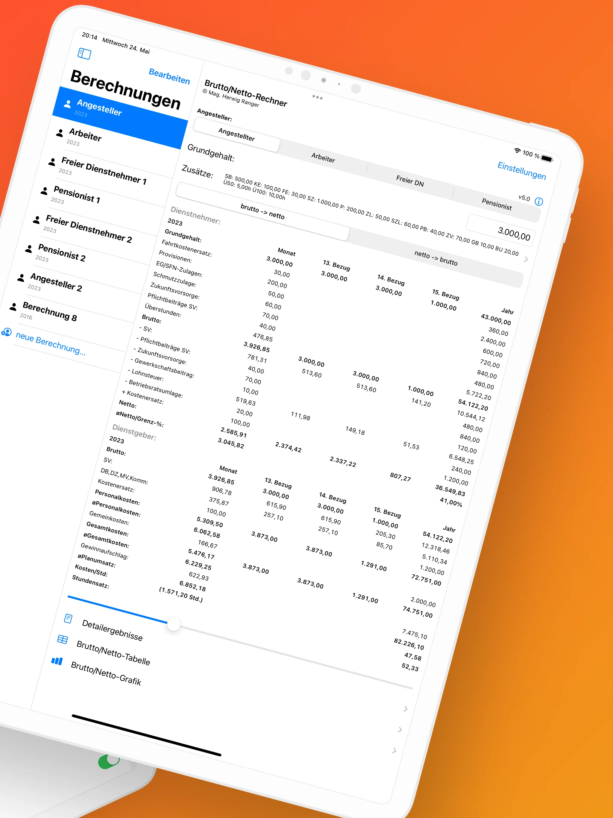 BruttoNetto am iPad: Berechnungsliste und Brutto/Netto-Rechner mit den Ergebnissen für Monat, Sonderzahlungen und Jahr.