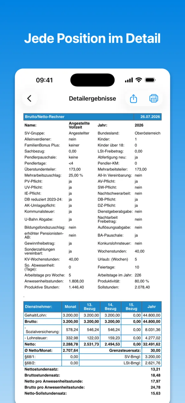 BruttoNetto am iPhone: Detailergebnisse mit jeder einzelnen Position der Dienstnehmer- und Dienstgeberabgaben.