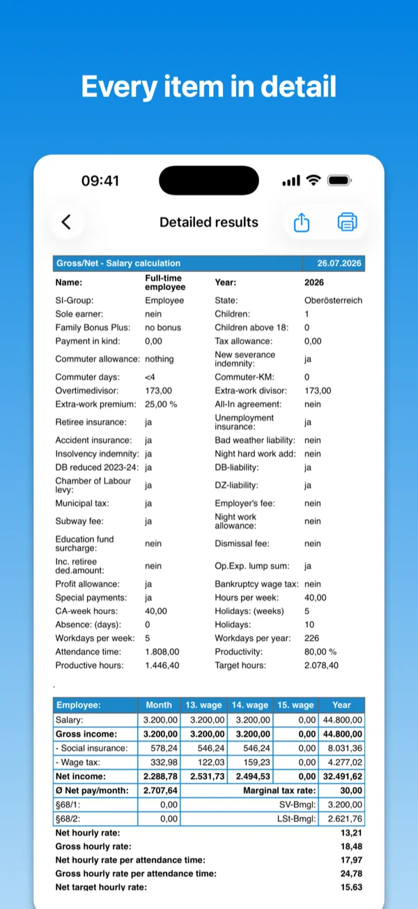 BruttoNetto on the iPhone: detailed results listing every single employee and employer contribution.