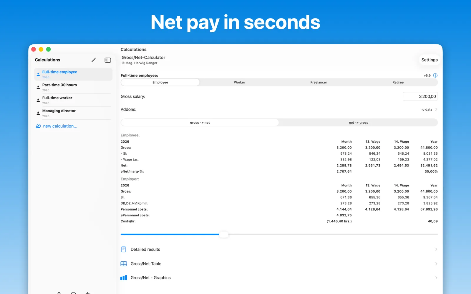 BruttoNetto on the Mac: main screen with gross salary, allowances and the net result for month, special payments and year side by side.